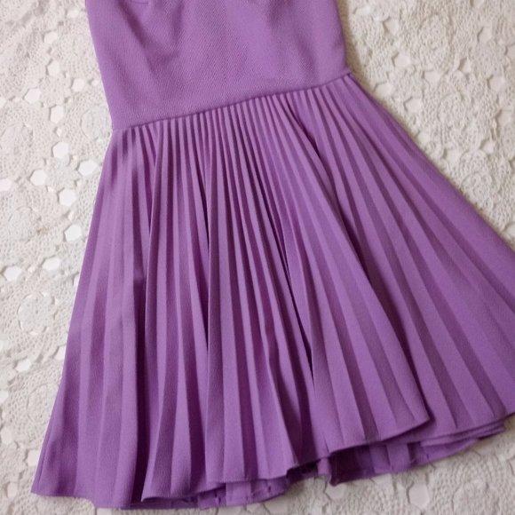 Vtg 70s Small Medium Fit Flare Dress Purple Poly Knit Pleat Skirt Notch Collar - Picture 2 of 6